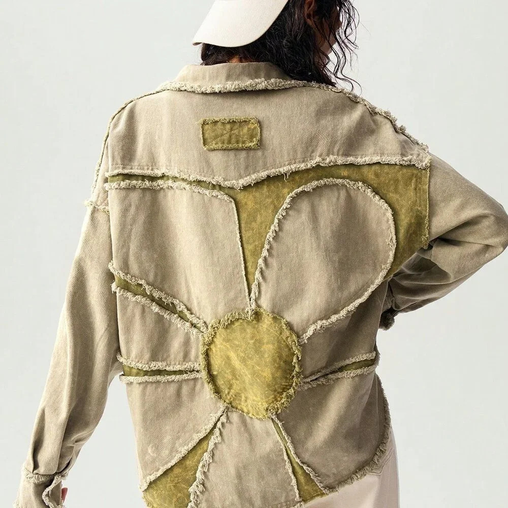 Multicolor Casual Women's Woven Turndown Collar Long Sleeve Loose Washed Jacket